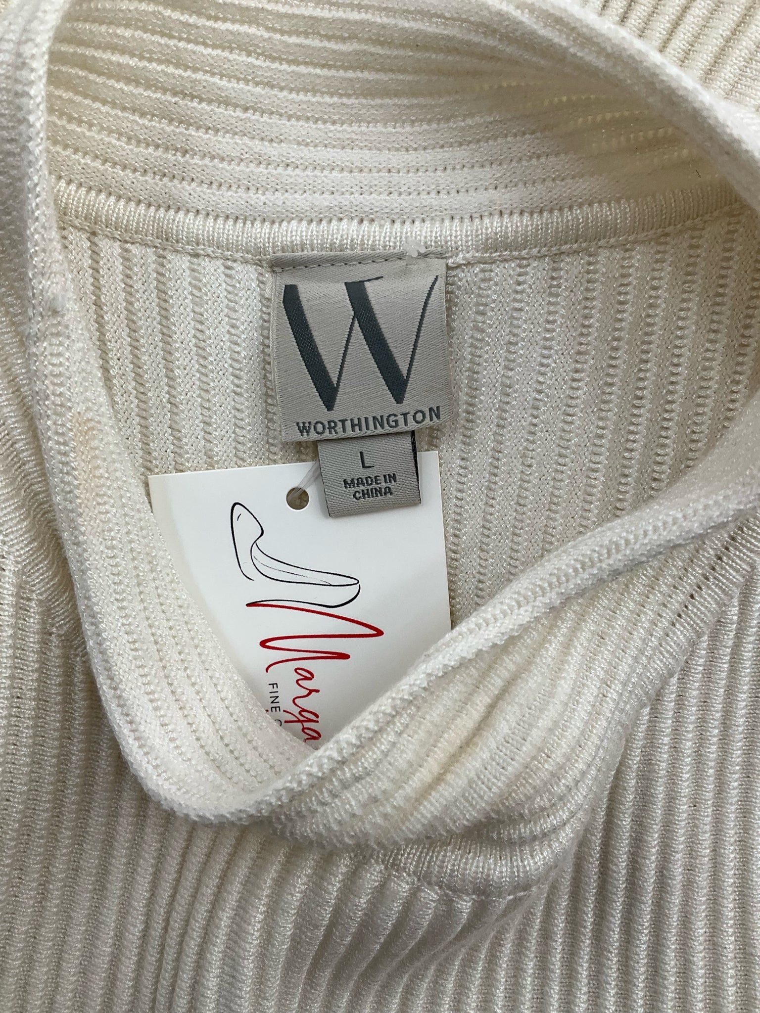 Cream ribbed mock neck sleeveless sweater tank top by Worthington, size large, ideal for business casual wear.