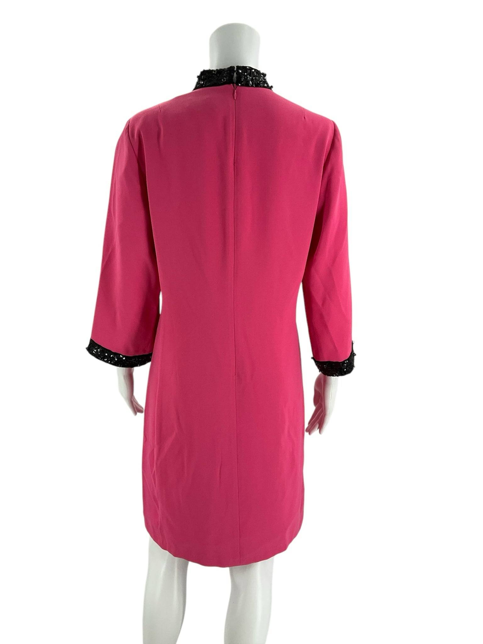 Back view of Julie Brown Dress Size 4 in vibrant pink with black sequin accents, perfect for cocktail events. Shop now at Margaret's Fine Consignments.