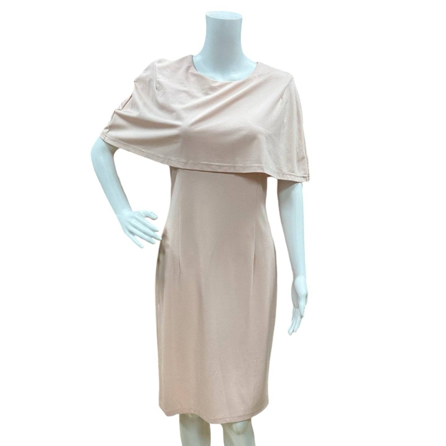 Floryday Size M pink solid dress displayed on mannequin, featuring asymmetrical overlay and fitted silhouette, NWT final sale item.