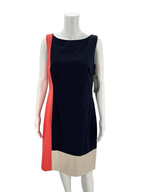 Lauren Ralph Lauren Color Block Dress Size 10 displayed on mannequin, showcasing navy, coral, and cream color block design. Shop at Margaret’s Consignments.