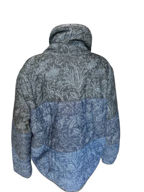Back view of Anthropologie Blue Paisley Coat Size Large, showcasing quilted pattern and stylish design at Margaret's Fine Consignments.