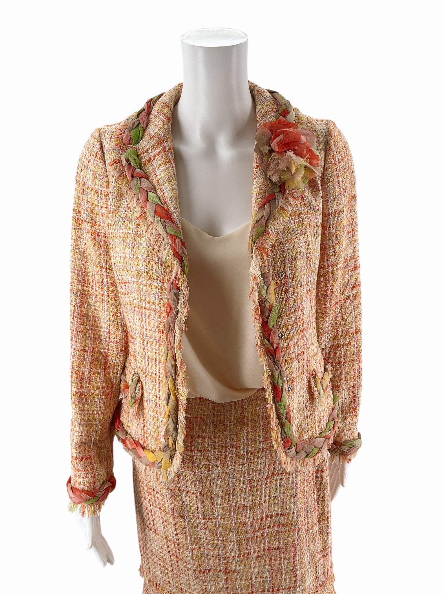 Teri Jon Orange/Green Tweed Pre-Owned Ladies 2 Piece Skirt Suit - Size 2