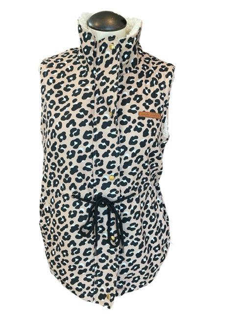 Front view of Simply Southern Tan/Black Animal Print Vest Size Medium with drawstring waist, sold at Margaret’s Fine Consignments.