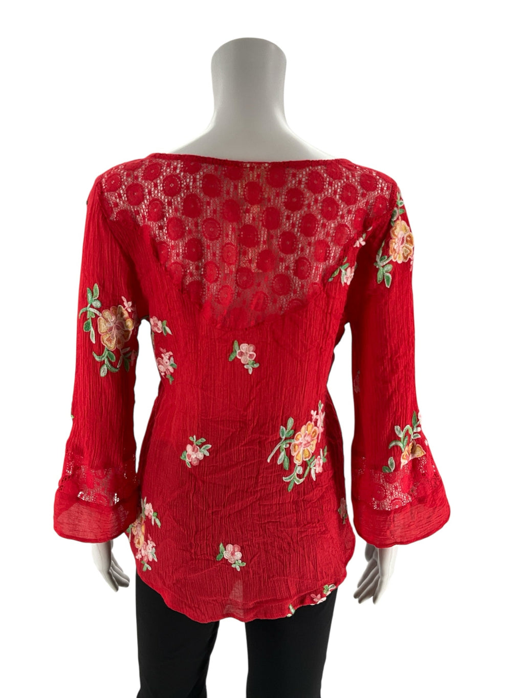 Red and multi-colored embroidered peasant top by Fig & Flower, featuring a boho style, in size small.
