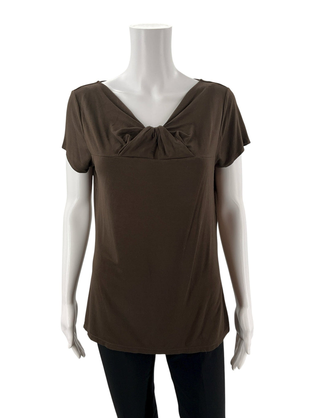 Ann Taylor brown pre-owned ladies top in size large with knot front, twist front, and cap sleeves in jersey knit.