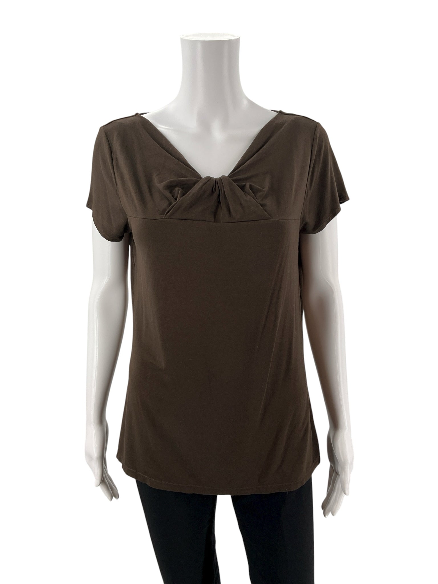Ann Taylor brown pre-owned ladies top in size large with knot front, twist front, and cap sleeves in jersey knit.