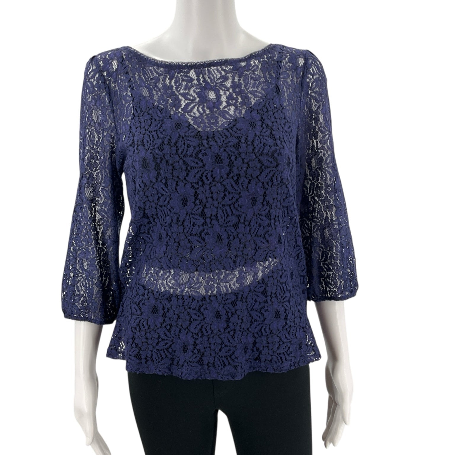 Loft Blue Lace Pre-Owned Top - Size M with sheer floral lace and 3/4 sleeves, ideal for elegant everyday wear or casual outings.