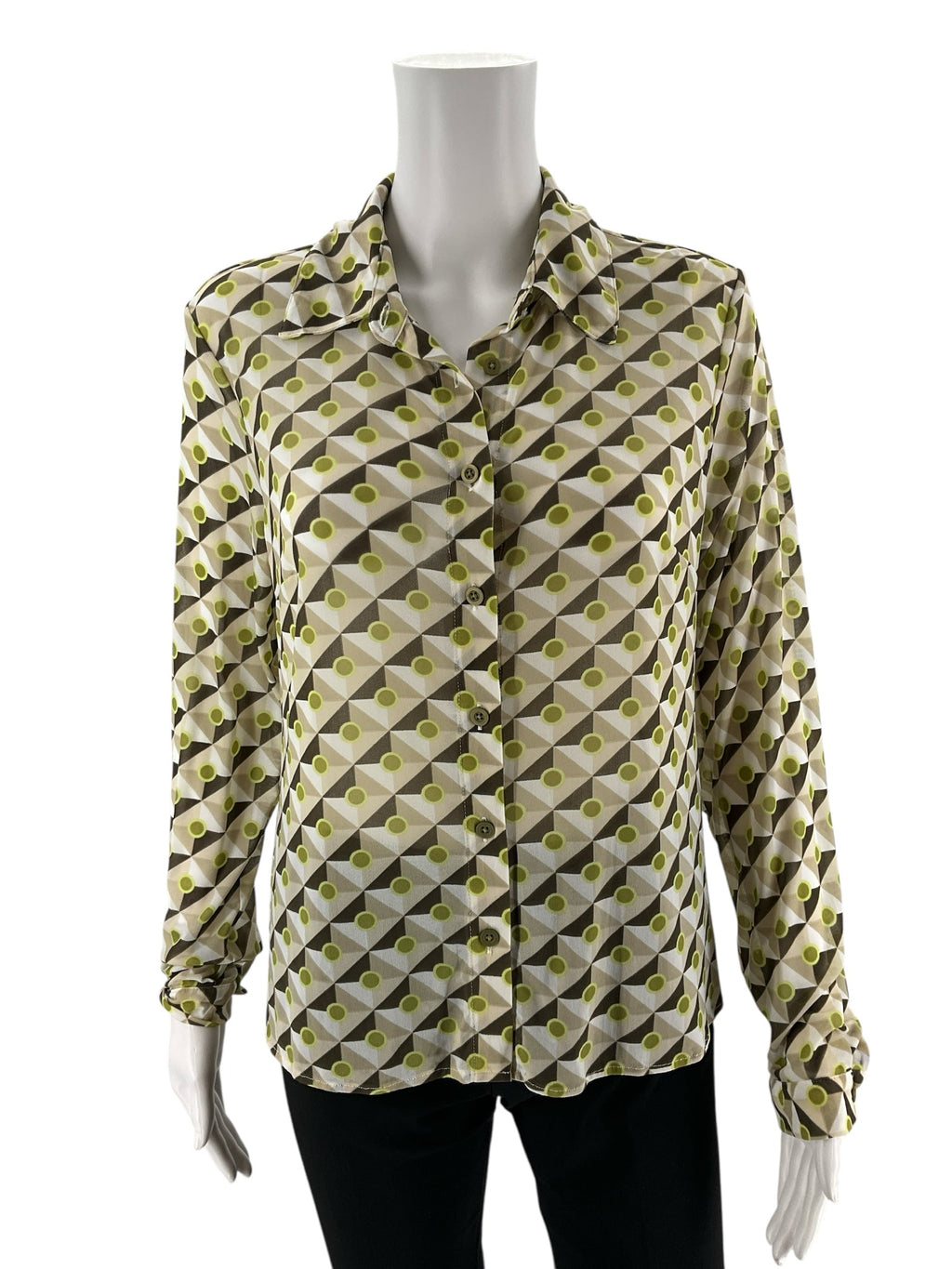 Cabi green and brown print long sleeve button-down blouse for women in size small, featuring a classic collar design.
