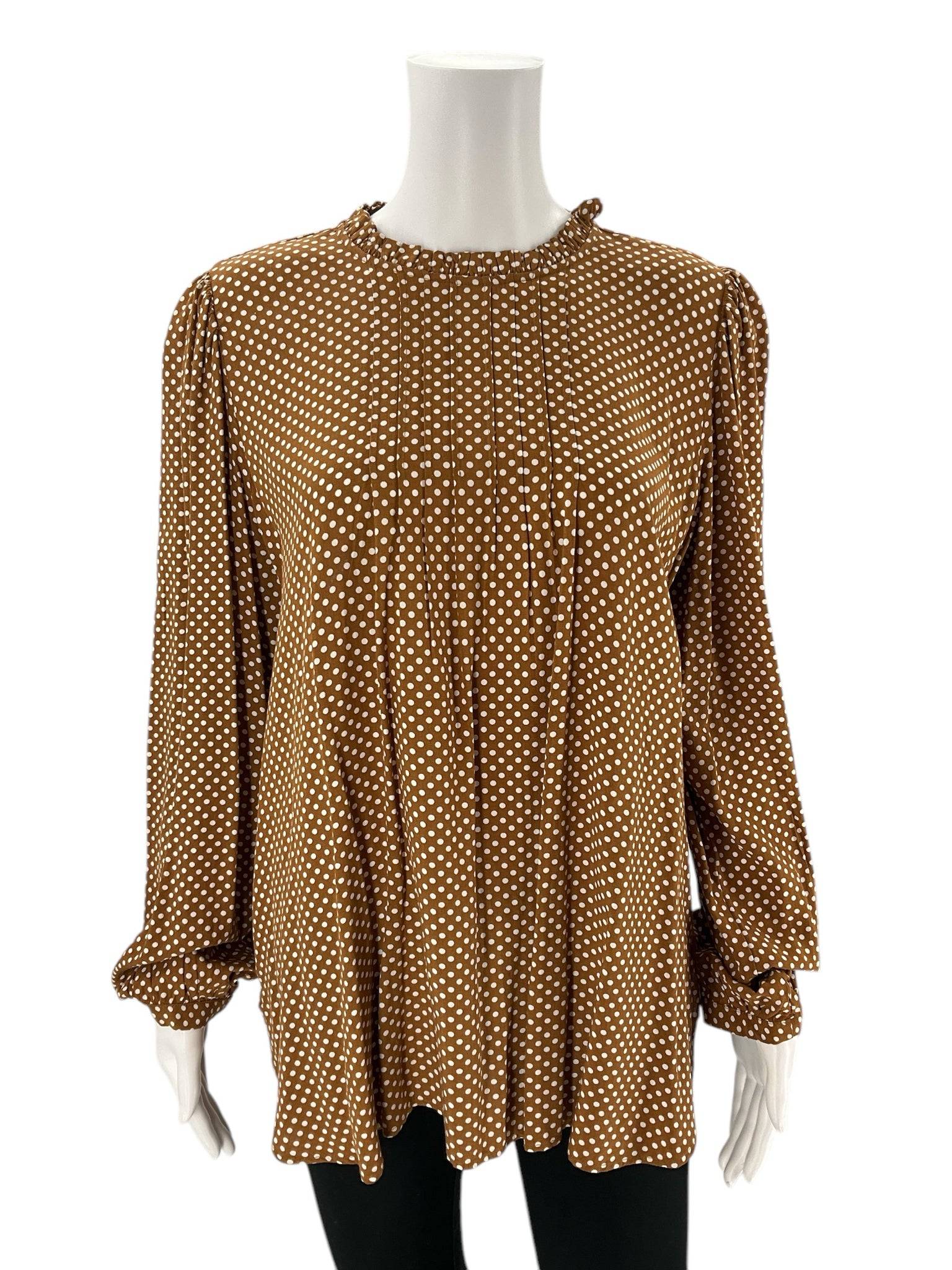 Front view of Loft Top Size Medium in camel and cream polka dot pattern with long sleeves, available at Margaret’s Fine Consignments.