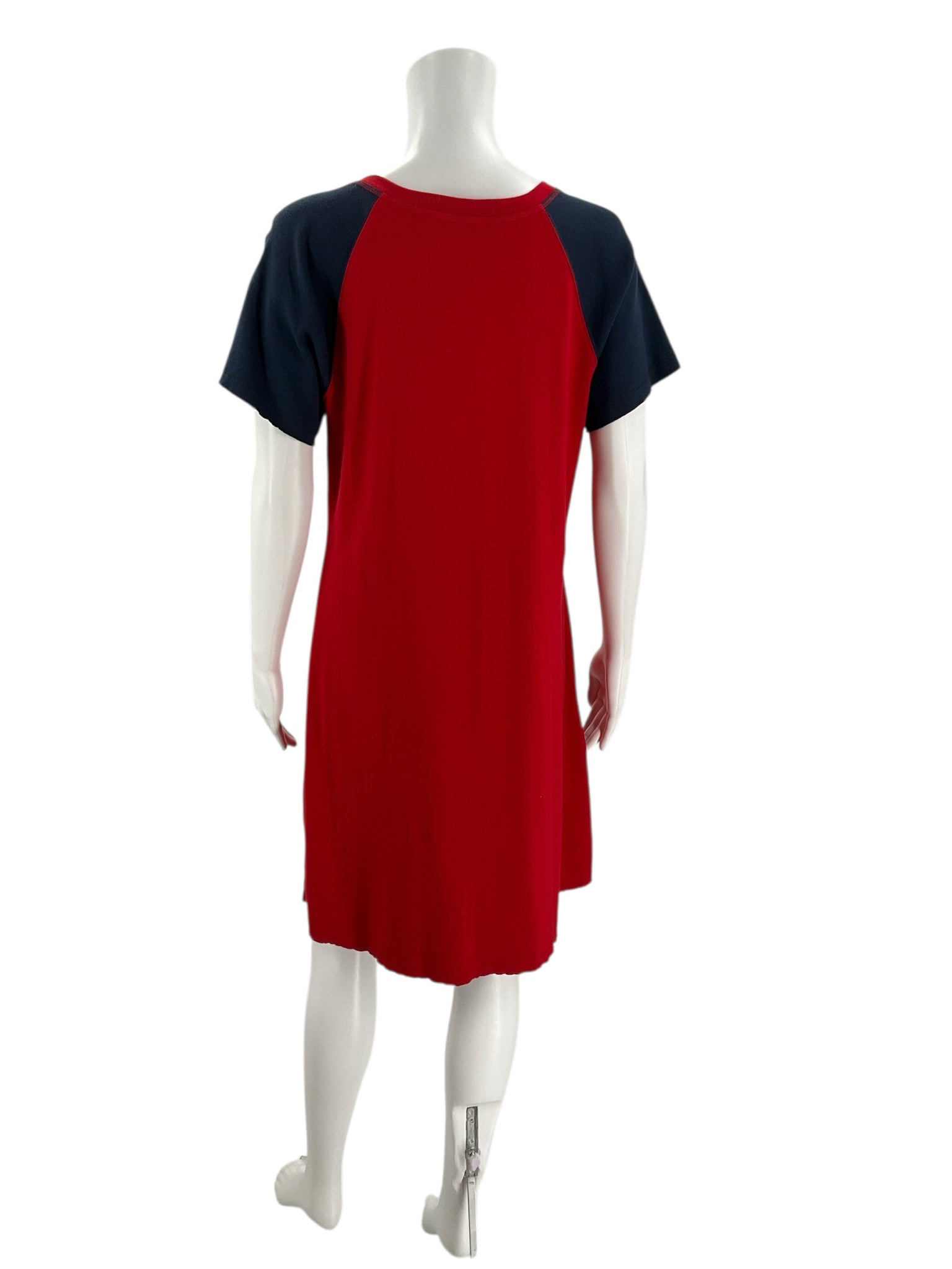 Back view of Tommy Hilfiger Red/Navy Pre-Owned Dress - Size XL, highlighting navy raglan sleeves and solid red cotton fabric.