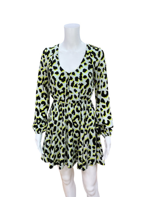 Front view of GB Aqua/Yellow/Black Animal Pre-Owned Ladies Dress - Size XS on mannequin, featuring faux wrap style and mini length.
