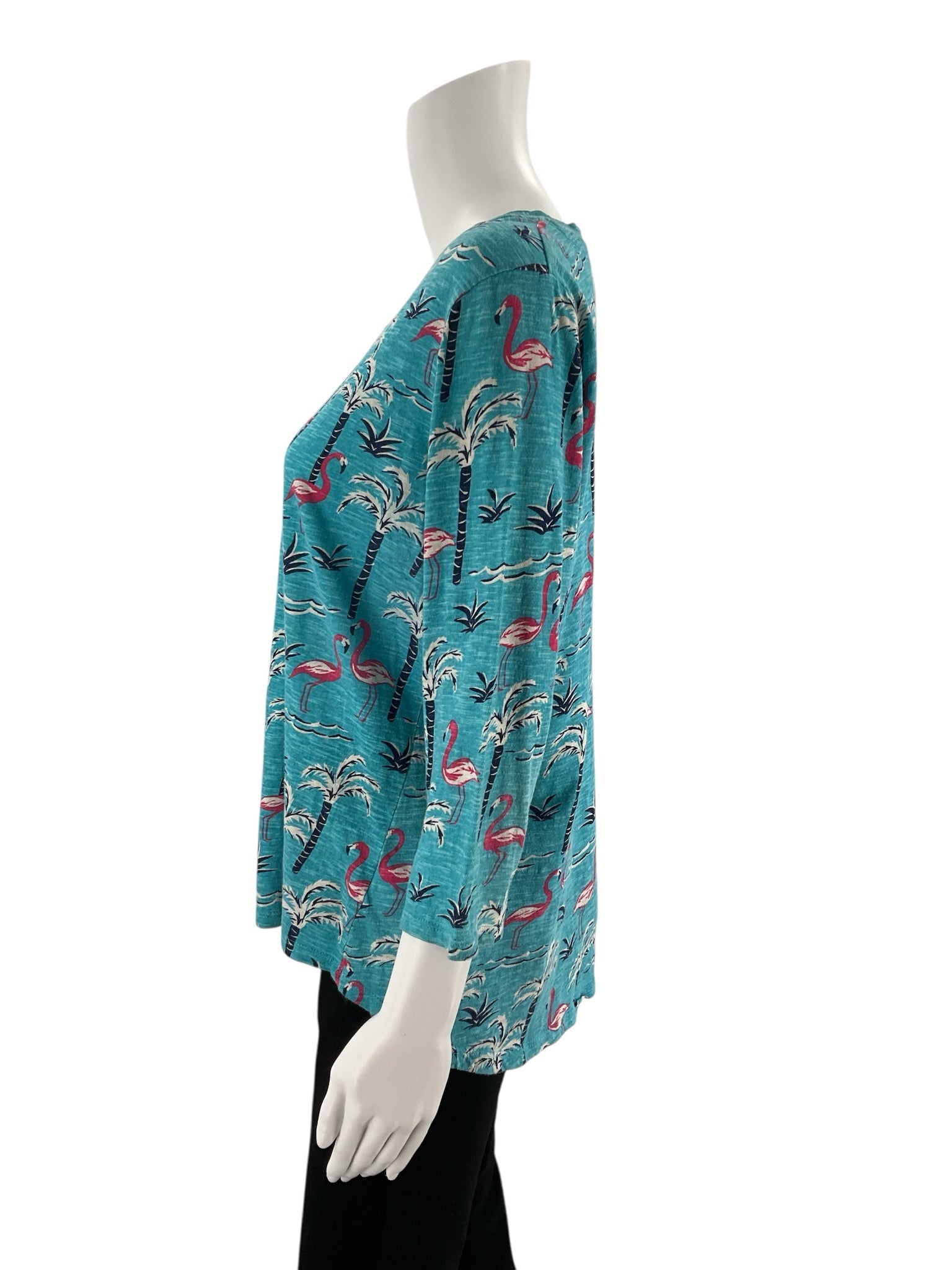 Turquoise scoop neck pullover top with flamingo print, size medium by Sunsets & Sweet Tea.