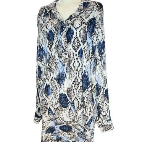 Front view of Tribal Dress Size Large in tan and blue snake print, displayed on mannequin at Margaret's Fine Consignments.
