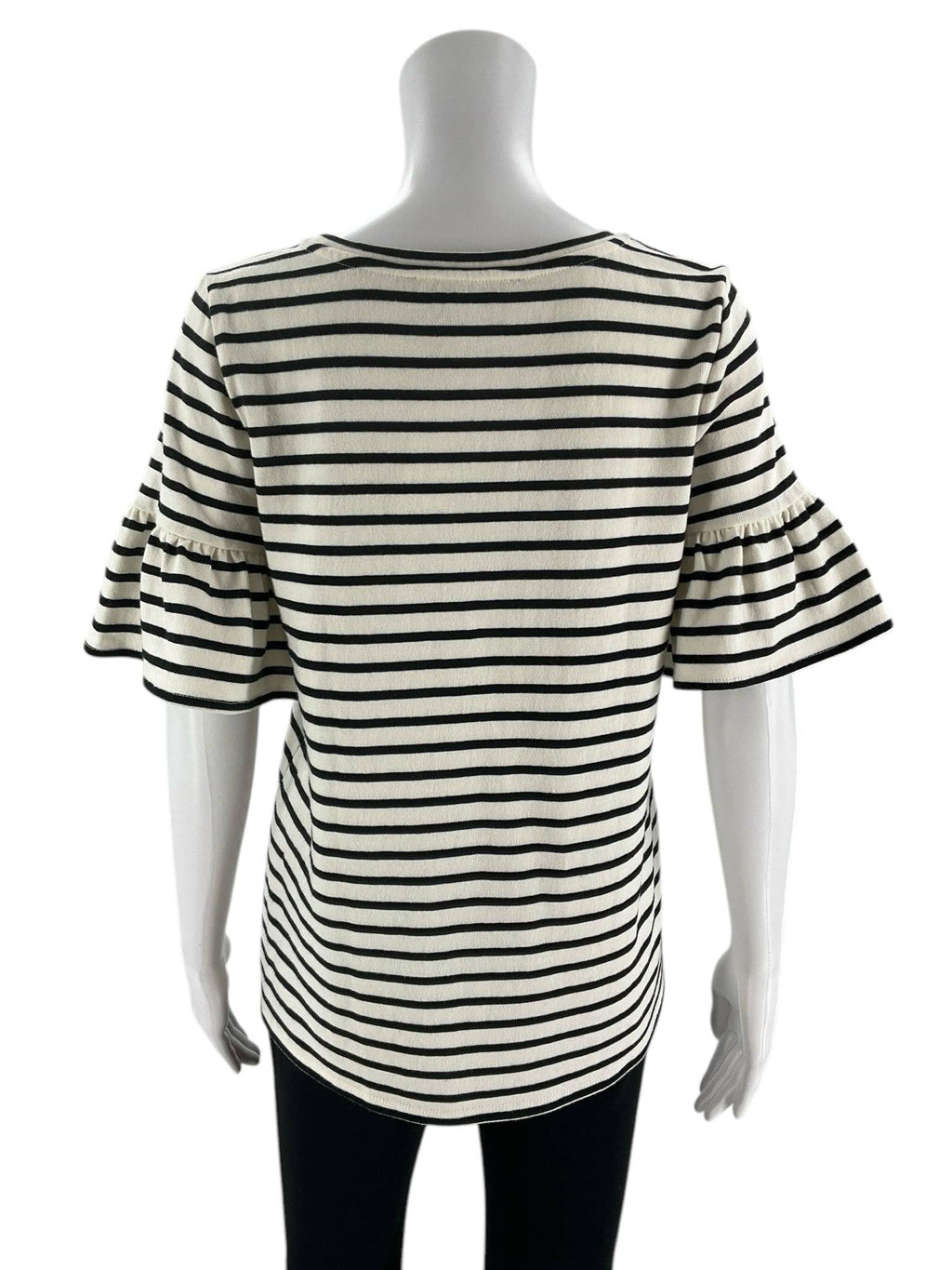 Back view of Loft Top Size Small from Margaret’s Fine Consignments. Cream and navy stripe design with ruffle short sleeves and relaxed fit.