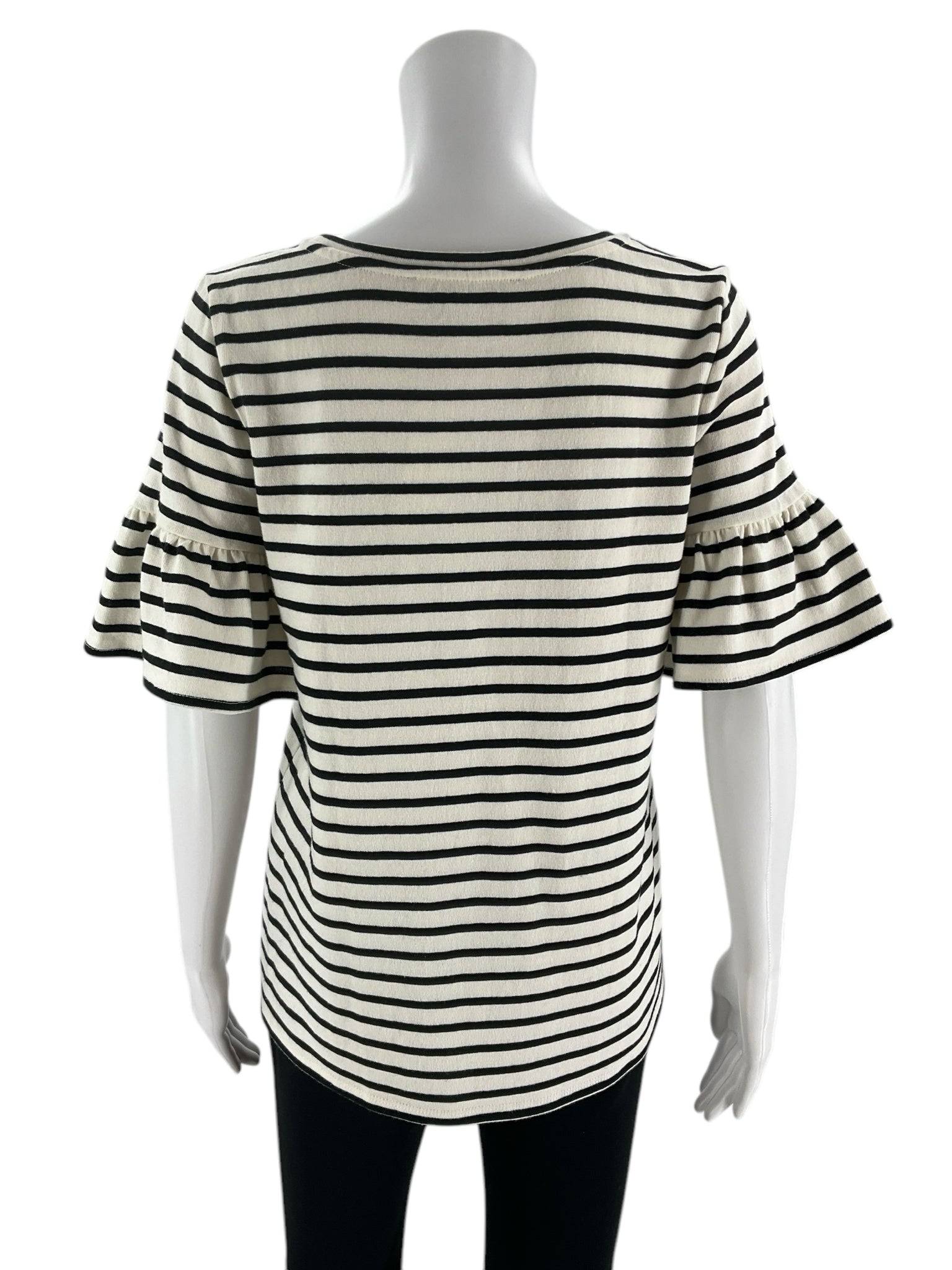 Back view of Loft Top Size Small from Margaret’s Fine Consignments. Cream and navy stripe design with ruffle short sleeves and relaxed fit.
